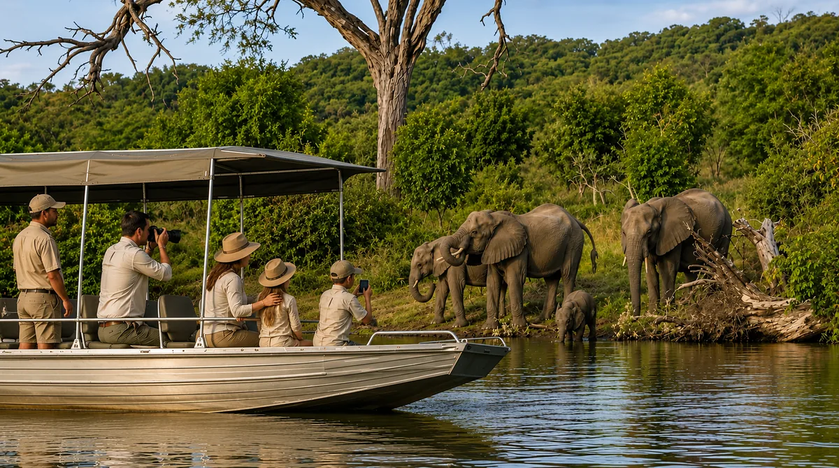 Groupe d'éléphants au bord de l'eau observé depuis un bateau dans le delta