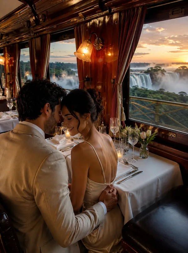 Couple dînant aux chandelles dans un wagon de train de luxe avec vue sur les chutes Victoria