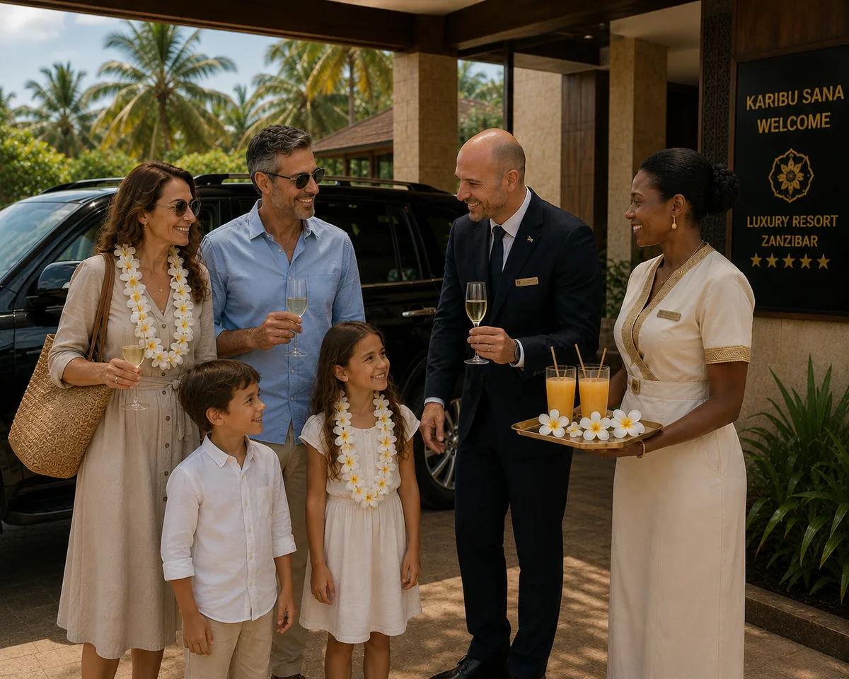 Famille avec deux enfants accueillie par un concierge dans un resort de luxe à Zanzibar