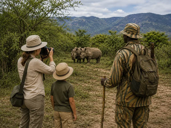 Mère et enfant photographiant des rhinocéros aux côtés d'un ranger