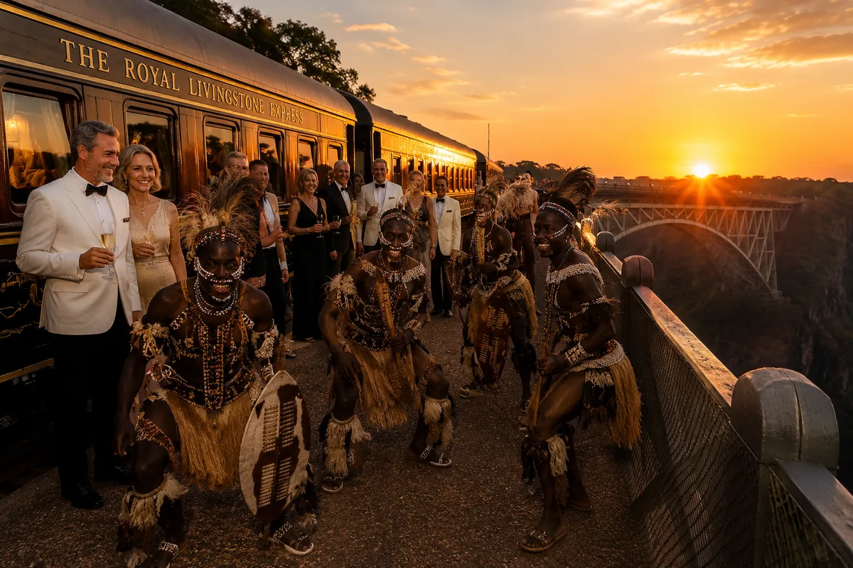 Groupe de voyageurs élégants lors d'une soirée d'exception devant un train de luxe au coucher du soleil