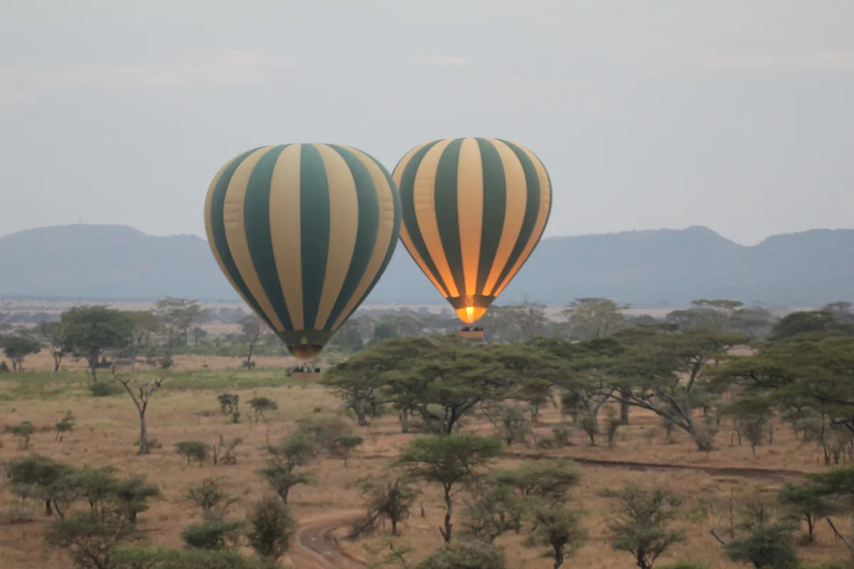 Deux montgolfières au-dessus du Serengeti au lever du jour