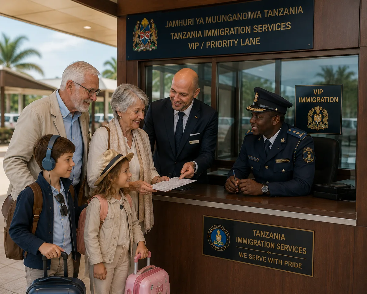 Voyageurs seniors et leurs petits-enfants assistés par un accompagnateur privé à l'arrivée