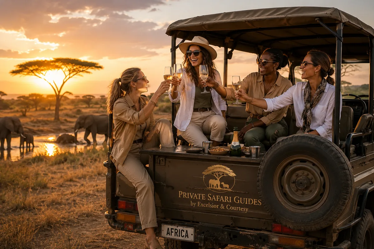 Voyageuses portant un toast à l'arrière d'un 4×4 de safari au coucher du soleil, éléphants en arrière-plan