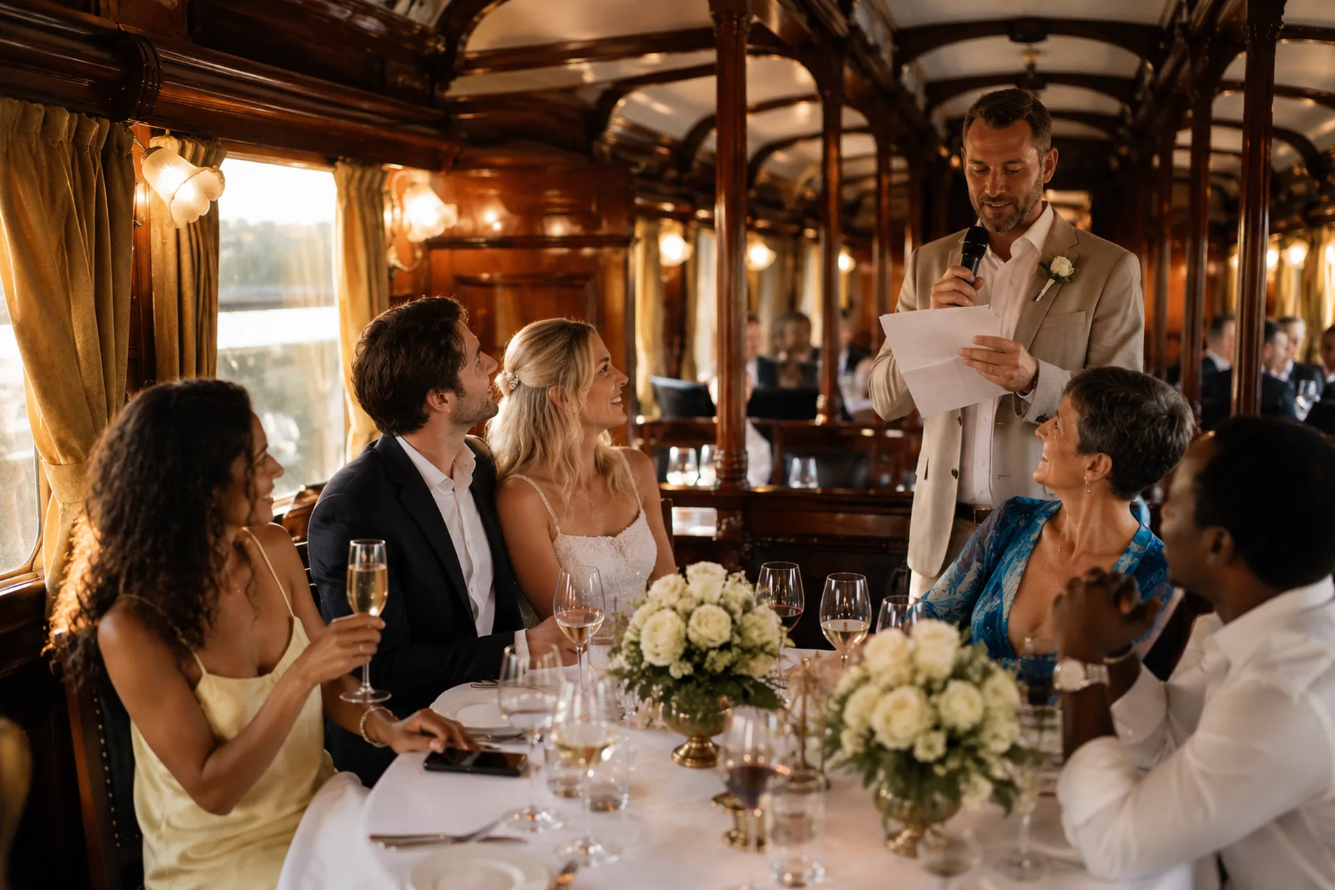 Voyageurs réunis pour un toast à l'intérieur d'un wagon-salon de train de luxe
